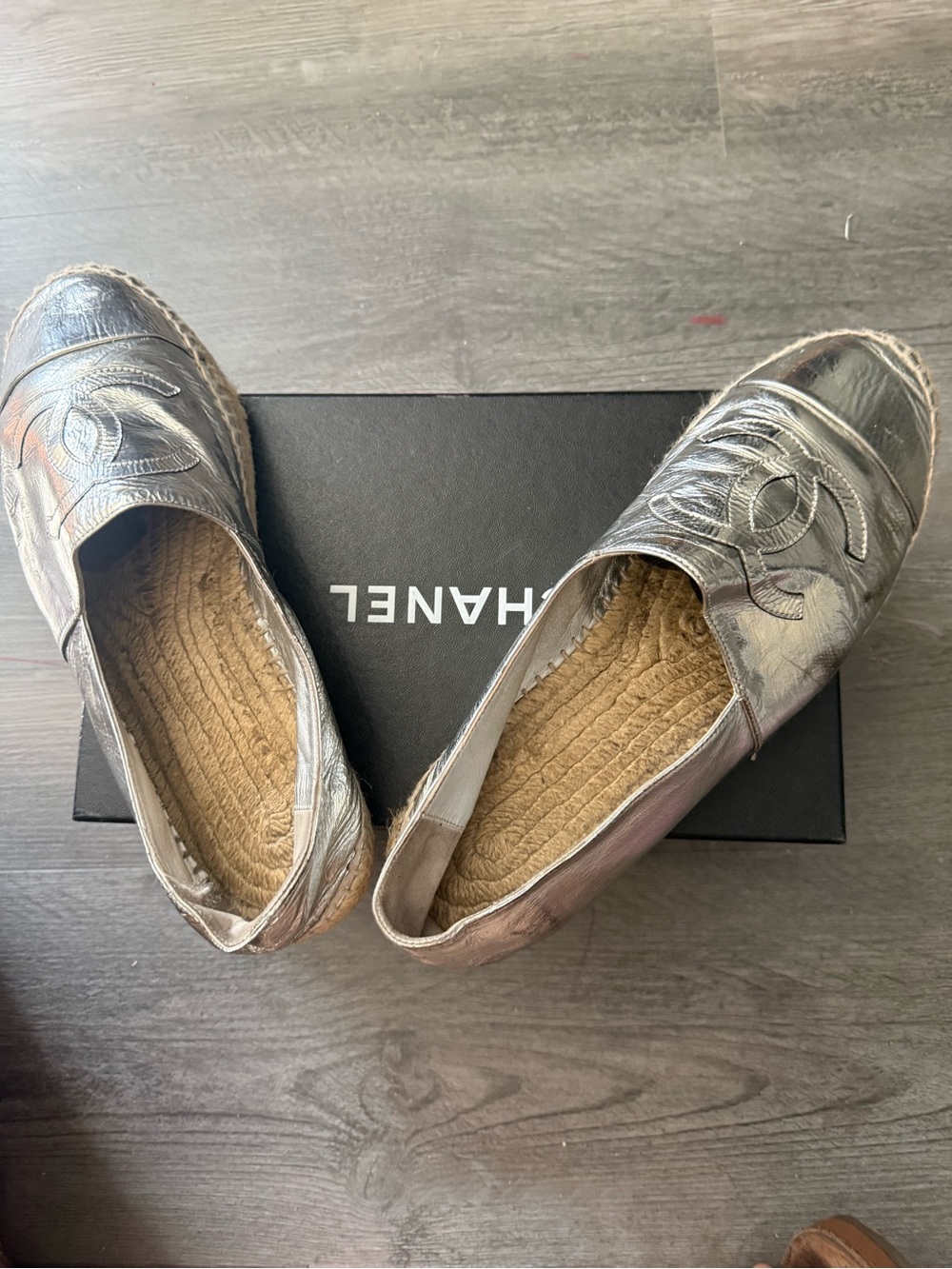 CHANEL Metallic Silver Espadrille Flats with CC Logo